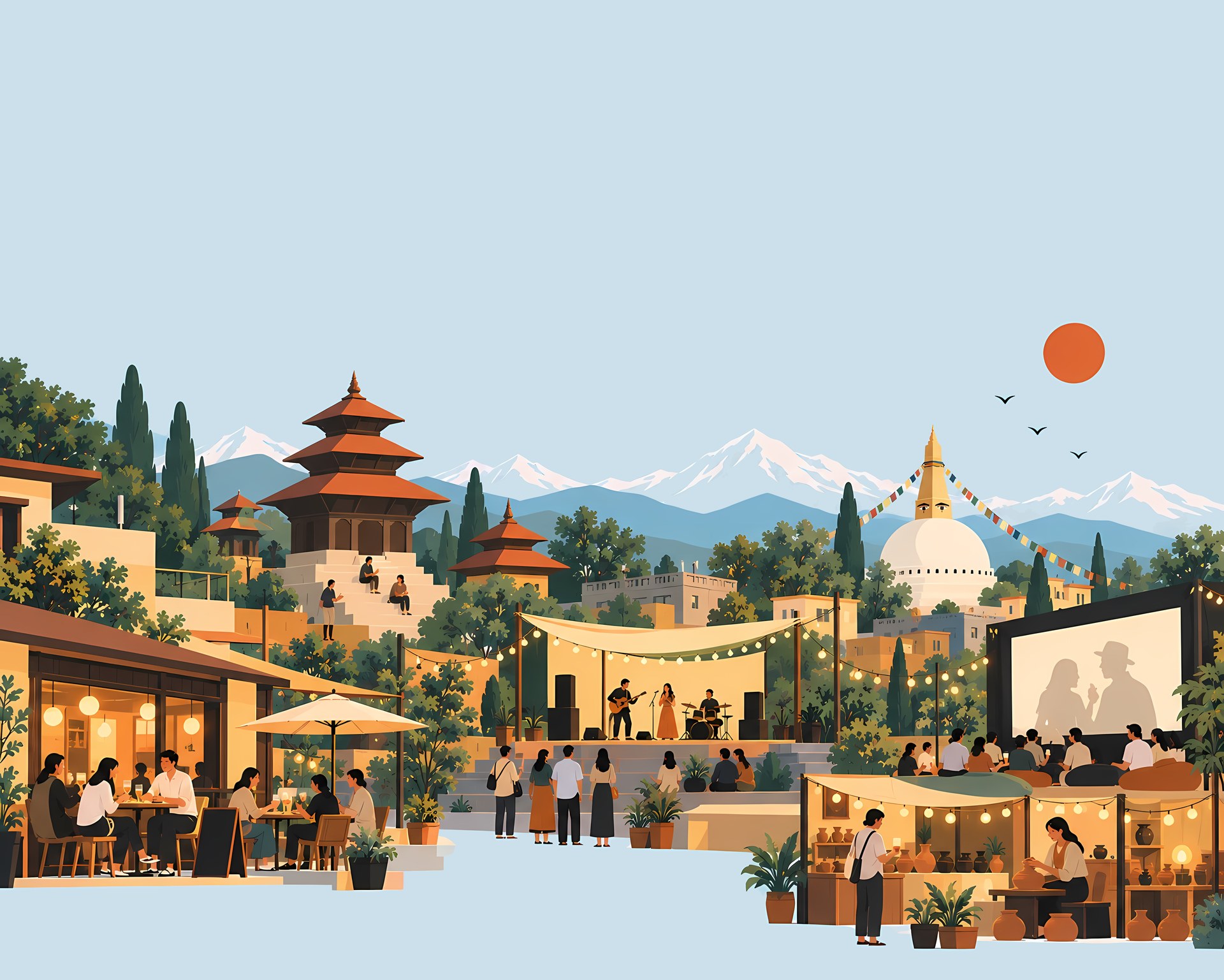 An evening in the Kathmandu Valley: people at a cafe, a band playing under festoon lights, an outdoor film and a pottery stall, with pagodas, a stupa and the Himalaya behind
